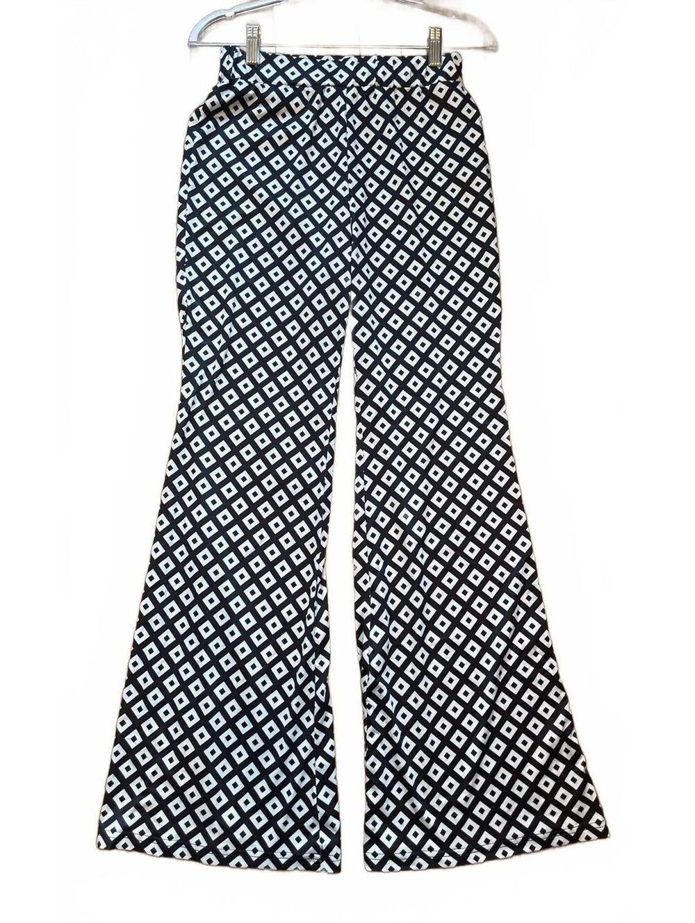 Commense S Navy White Geometric Flare Pants 70s Mod Op Art Resort Retro NWT